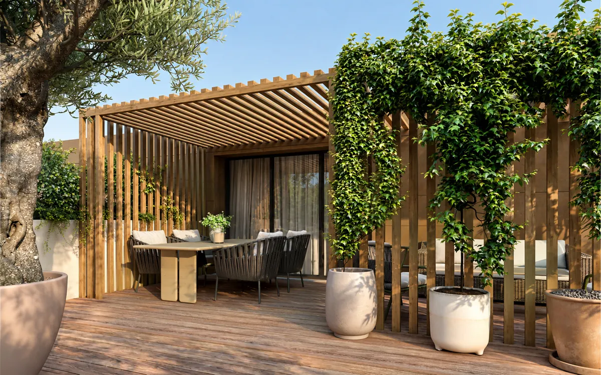 Render della terrazza panoramica dell'attico all'ultimo piano