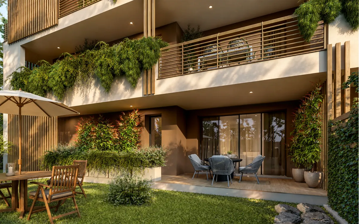 Render di un appartamento al piano terra con giardino privato
