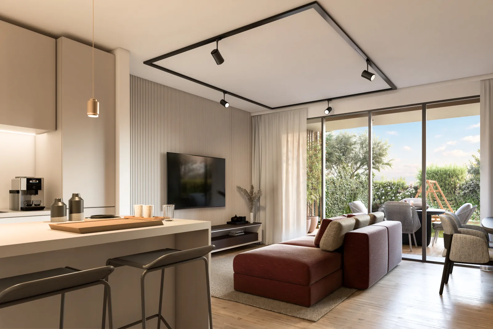 Render della zona giorno con cucina e vetrata sul giardino