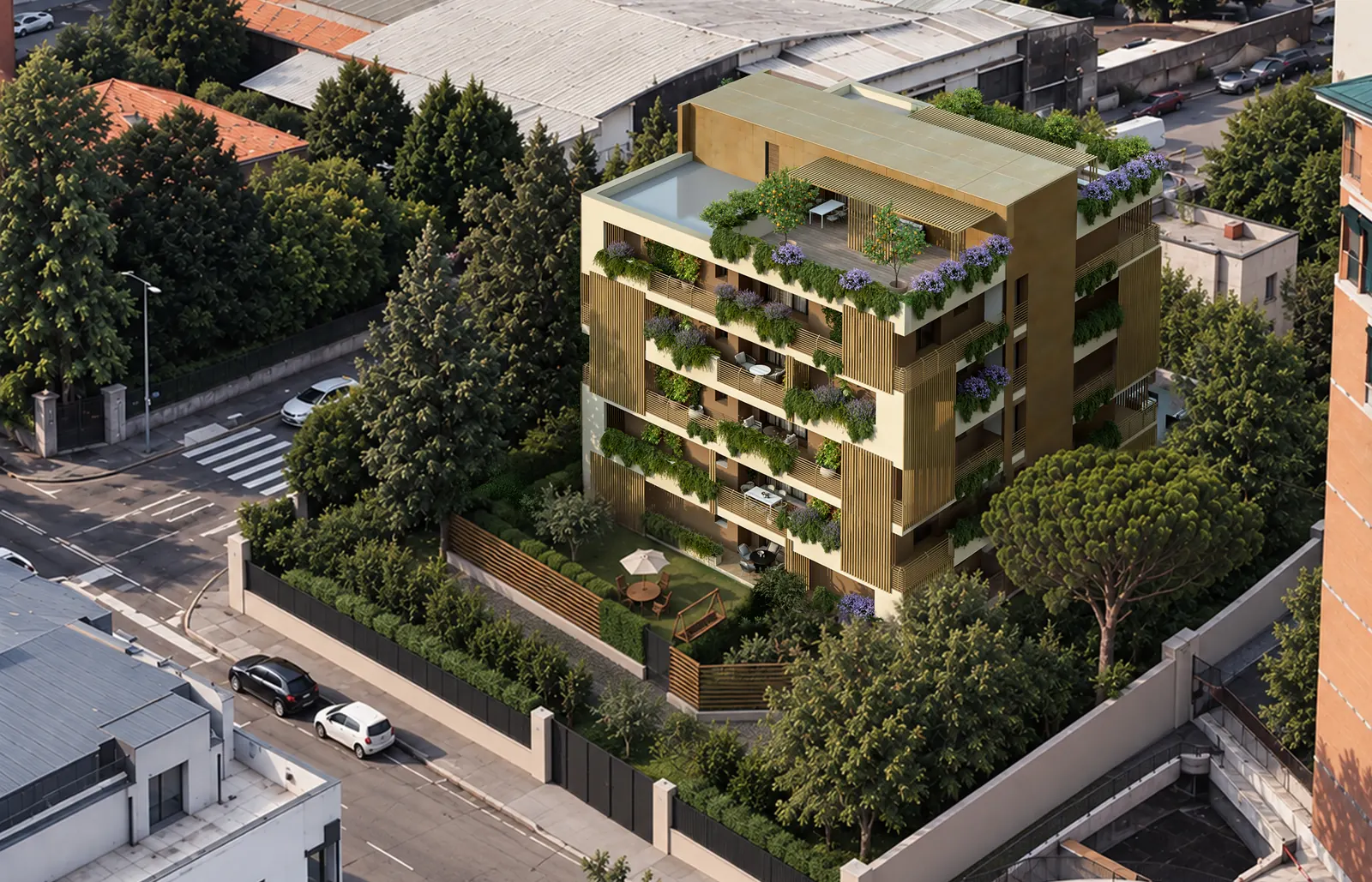 TreeHouse vista dall'alto: il giardino, i terrazzi e l'angolo tra via Pennati e via Osculati